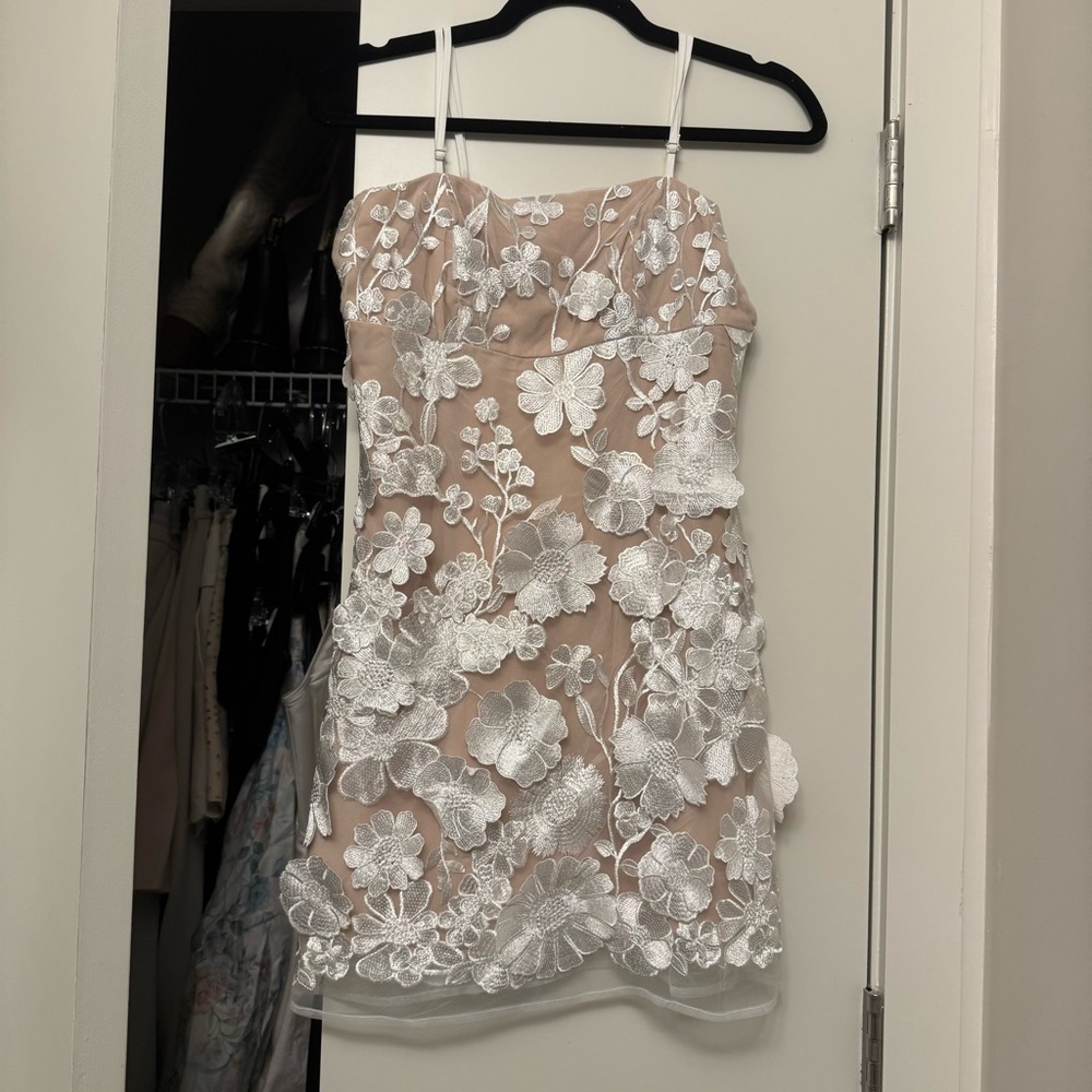 NWT Nude mini dress with white floral embroidery overlay size s
